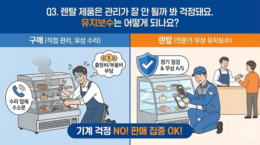 쇼케이스 구매 시 직접 유상 수리를 해야 하는 부담과 렌탈 시 전문가의 정기 점검 및 무상 A/S 혜택을 비교한 'Q3. 유지보수 걱정 해결' 인포그래픽 이미지입니다.