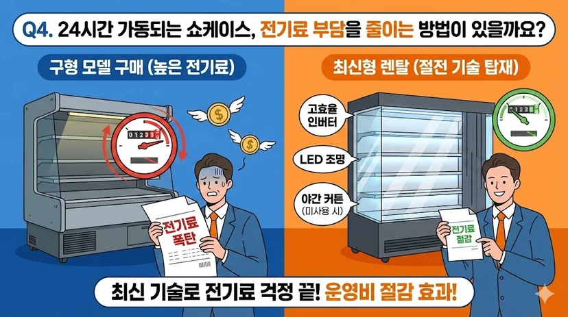 고효율 인버터 기술로 전기료를 절감하는 최신형 쇼케이스와 구형 모델의 에너지 효율을 비교한 'Q4. 전기료 부담 절감 이미지 입니다.