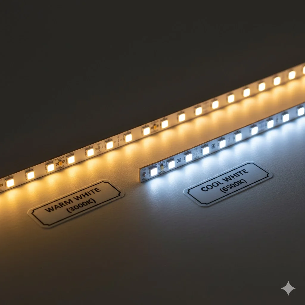 따뜻한 전구색 조명과 시원한 주광색 조명의 LED 스트립 색온도 비교