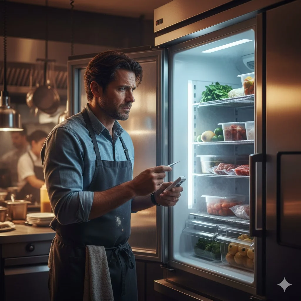 매장 안에서 걱정스러운 표정으로 업소용 냉장고 온도를 점검하고 있는 자영업자