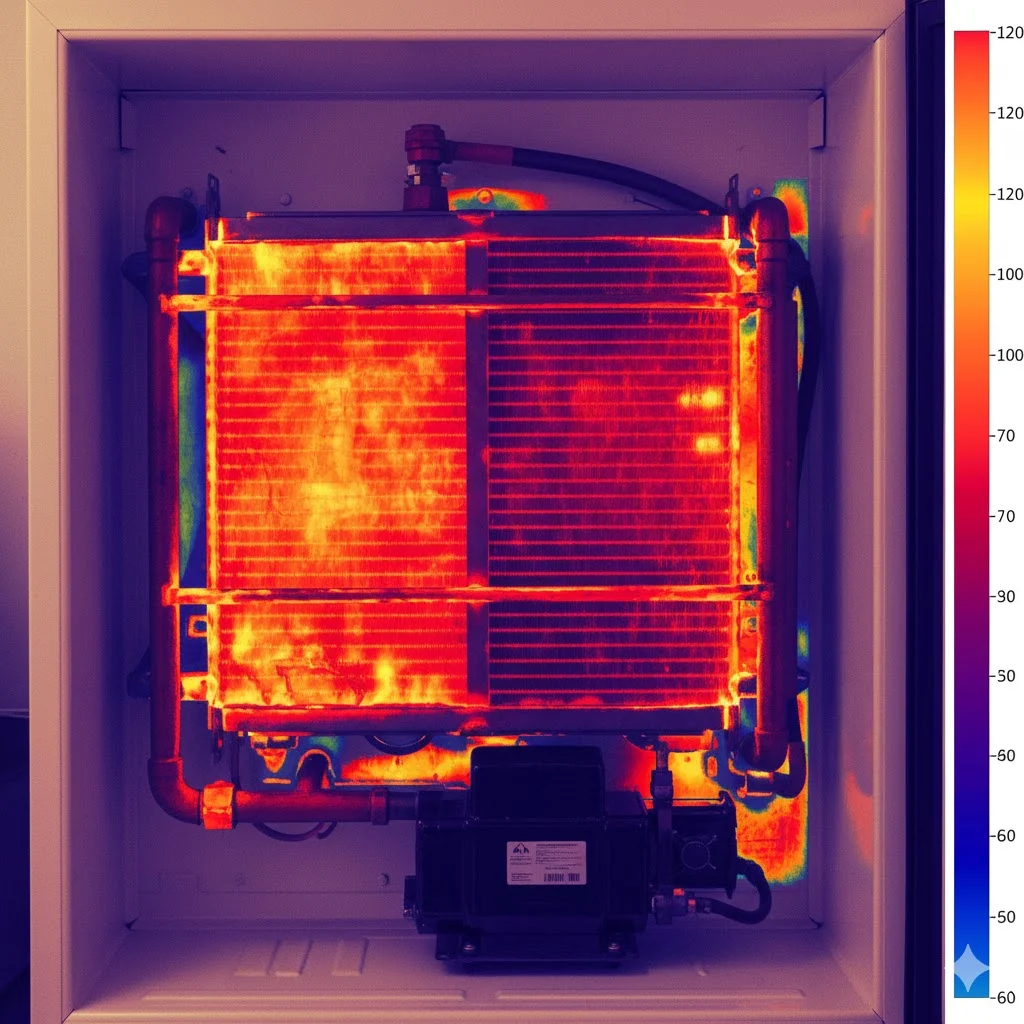 열화상 카메라로 촬영한 듯한 과열된 냉장고 기계실 부위의 모습