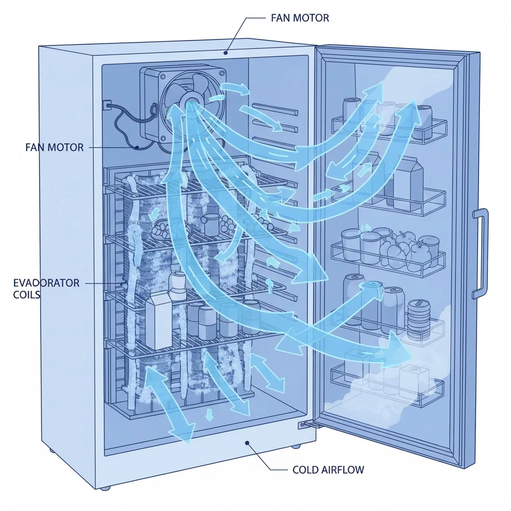 팬모터에 의해 차가운 냉기가 냉장고 내부를 순환하는 원리를 보여주는 일러스트