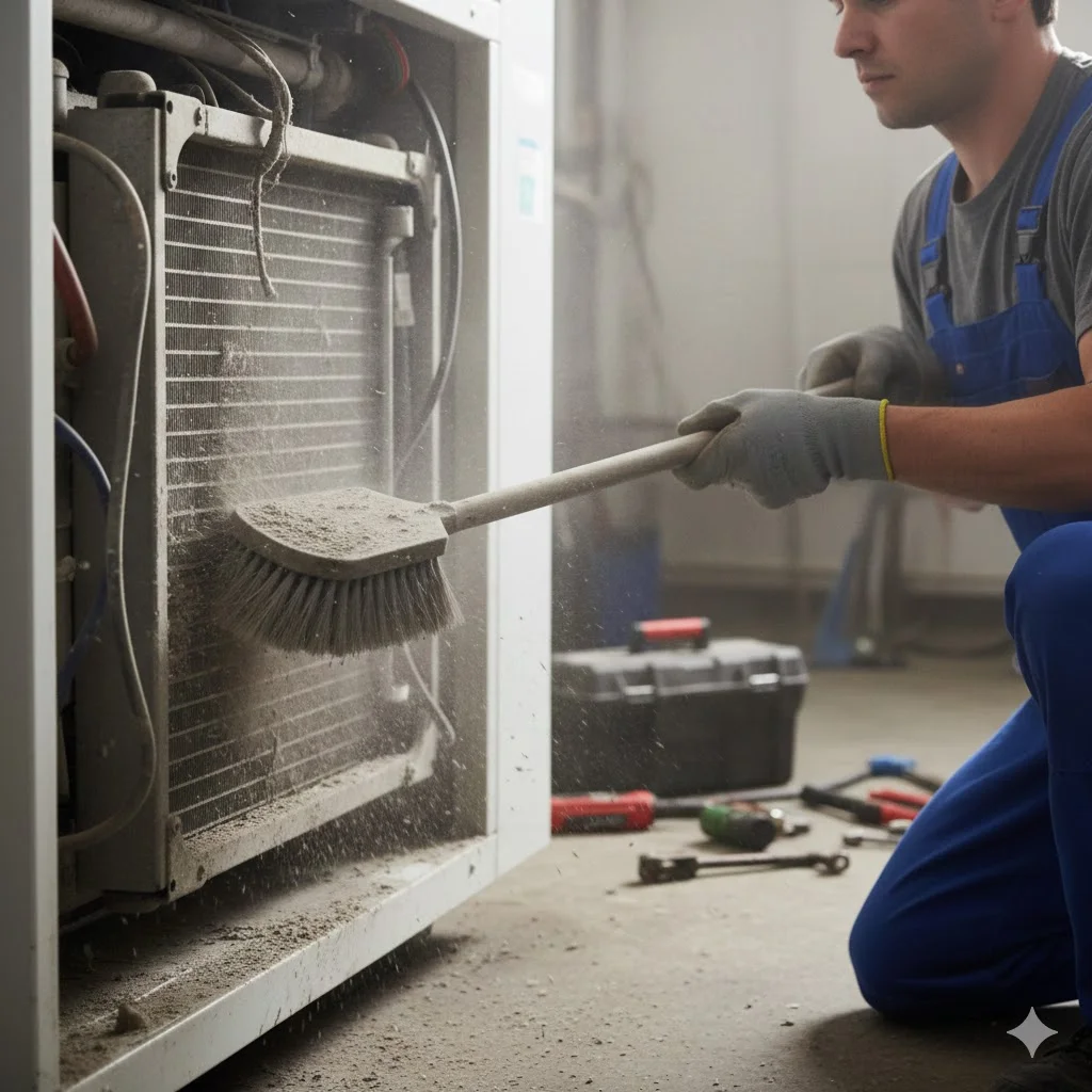 냉장고 효율을 높이기 위해 브러시로 응축기의 먼지를 청소하는 모습