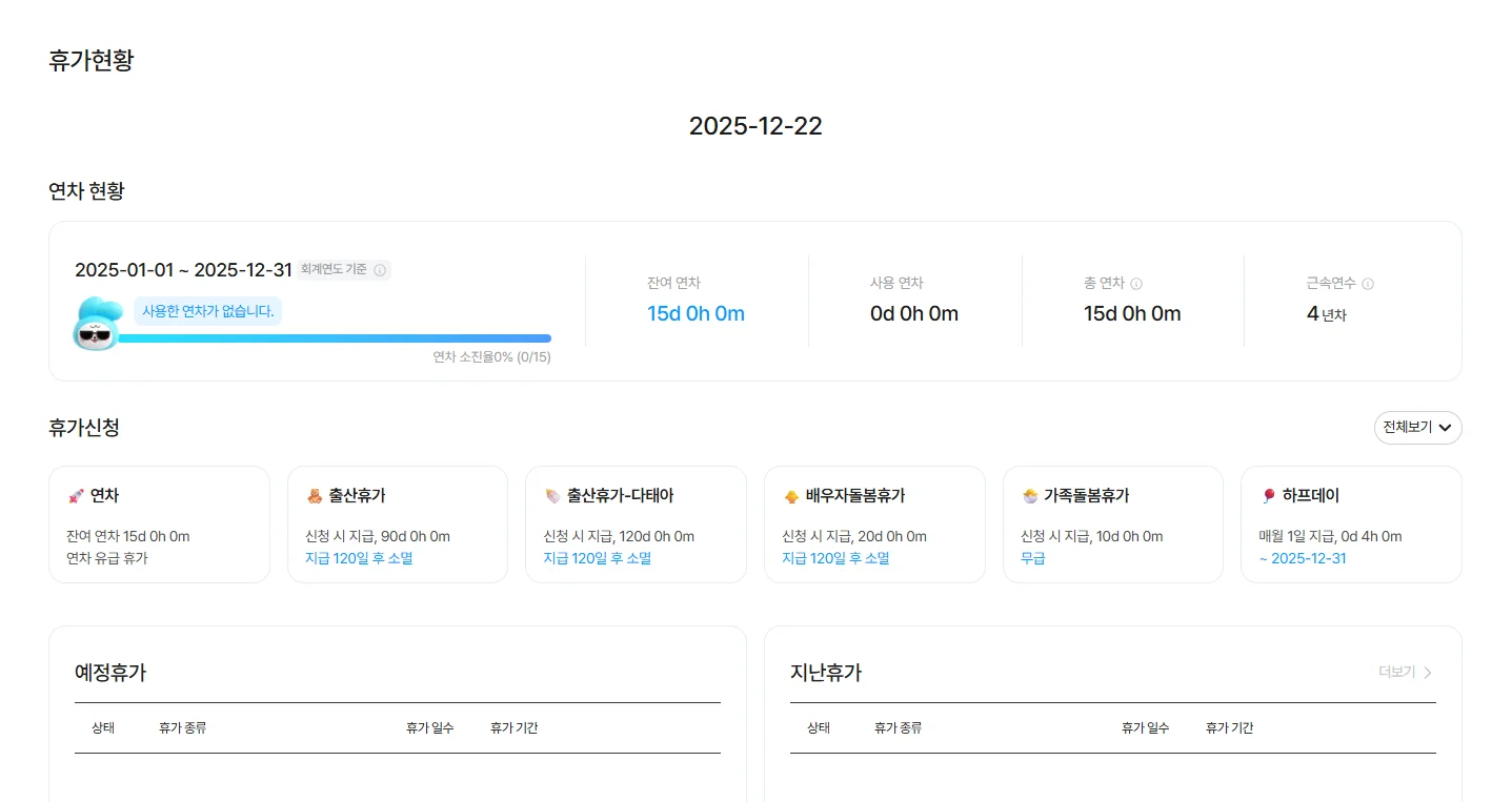잔여 연차, 사용 연차, 발생 연차를 한눈에 확인할 수 있는 다우오피스HR 연차관리 대시보드 화면