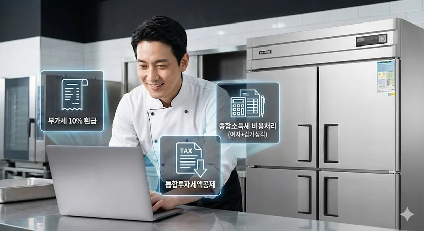 부가가치세 환급, 종합소득세 비용 처리 및 감가상각 혜택을 통해 경제적 이득을 얻는 과정을 상징하는 세무 서류와 계산기 연출입니다.