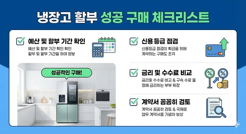 냉장고 할부 구매 시 꼭 확인해야 할 조건과 혜택들을 한눈에 보기 쉽게 정리한 전문적인 체크리스트 이미지입니다.