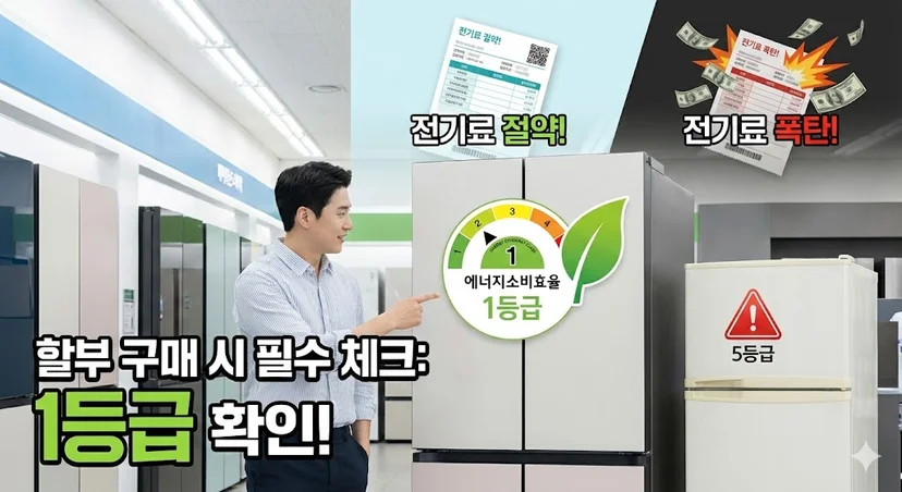 냉장고 할부 구매 시 전기료 폭탄을 피하기 위해 에너지 소비 효율 등급과 절전 기술을 꼼꼼하게 확인하는 스마트한 사장님의 모습입니다.