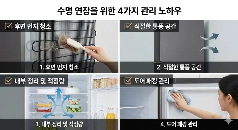 설치된 상업용 냉장고를 오래 사용하기 위해 주기적인 청소와 부품 점검 등 전문적인 관리 노하우를 실천하며 매장을 운영하는 장면입니다.