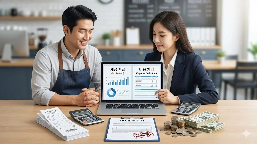 세무 전문가와 상담하며 세금 환급 및 비용 처리 혜택을 확인하는 사장님의 모습을 통해 금전적 이득을 표현했습니다.