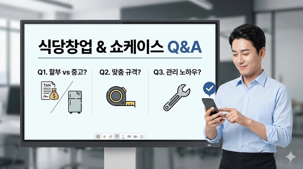 식당 창업과 쇼케이스 선택에 관한 주요 질문과 답변을 대형 화면에 띄워 정보를 제공하는 형식으로 구성했습니다.