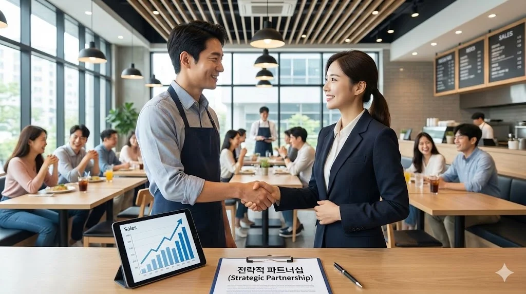 사장님과 전문 컨설턴트의 악수 장면을 통해 신뢰할 수 있는 파트너십과 성공적인 매장 운영을 상징적으로 표현했습니다.