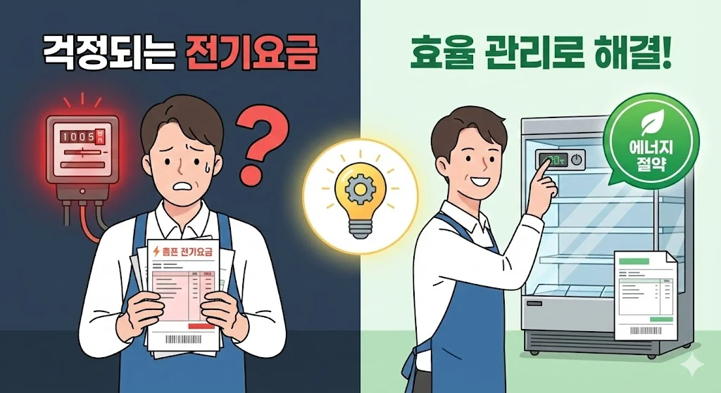 전기요금 걱정과 효율 관리로 해결하는 모습 비교 인포그래픽