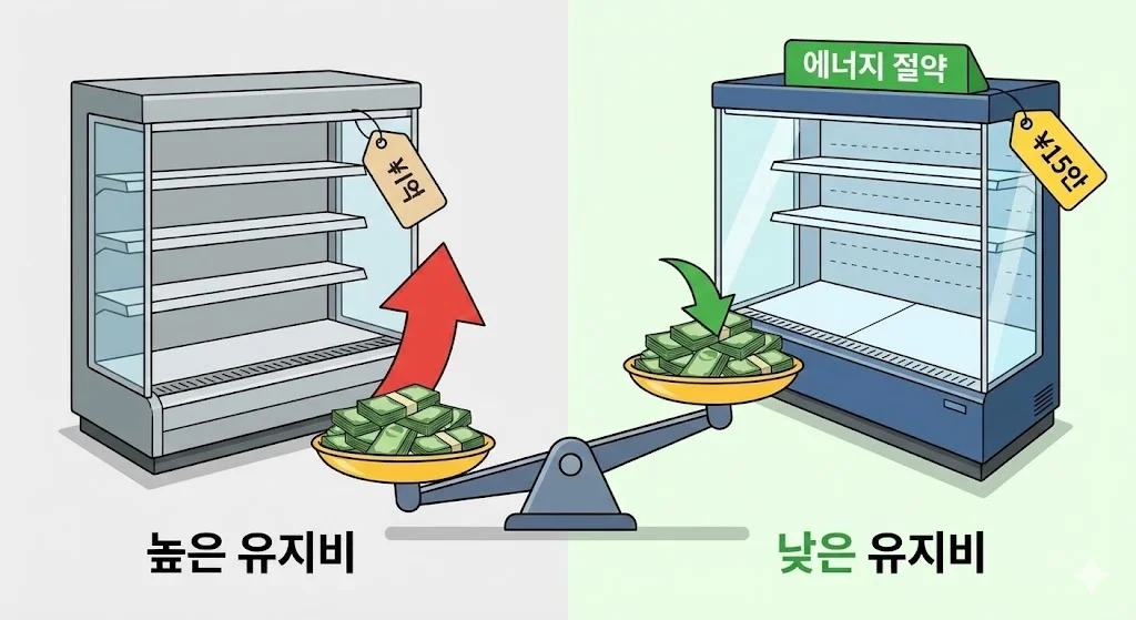 일반 쇼케이스와 절전형 쇼케이스의 유지비 비교 저울 인포그래픽