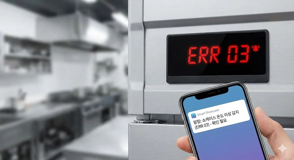 쇼케이스의 디지털 에러 코드 표시와 스마트폰 알림 기능