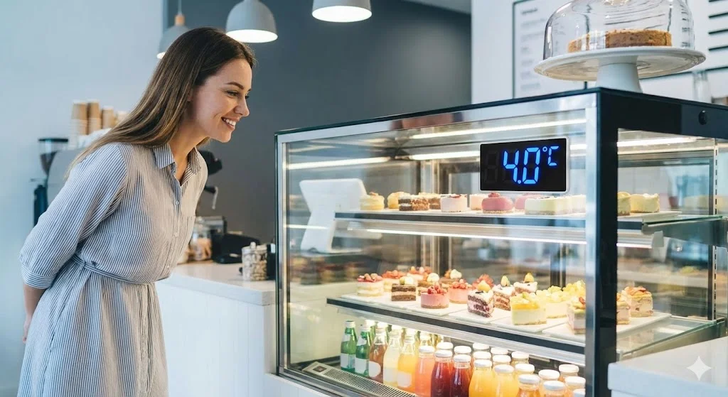 카페에서 디지털온도 표시가 보이는 쇼케이스를 보며 만족해하는 고객