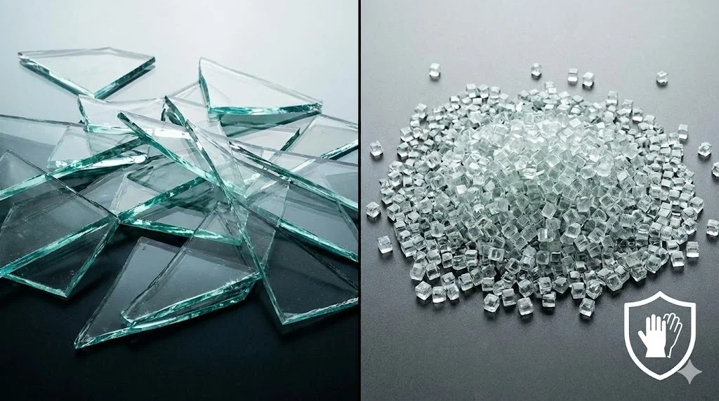 날카로운 일반 유리 파편과 안전한 강화 유리 알갱이 비교