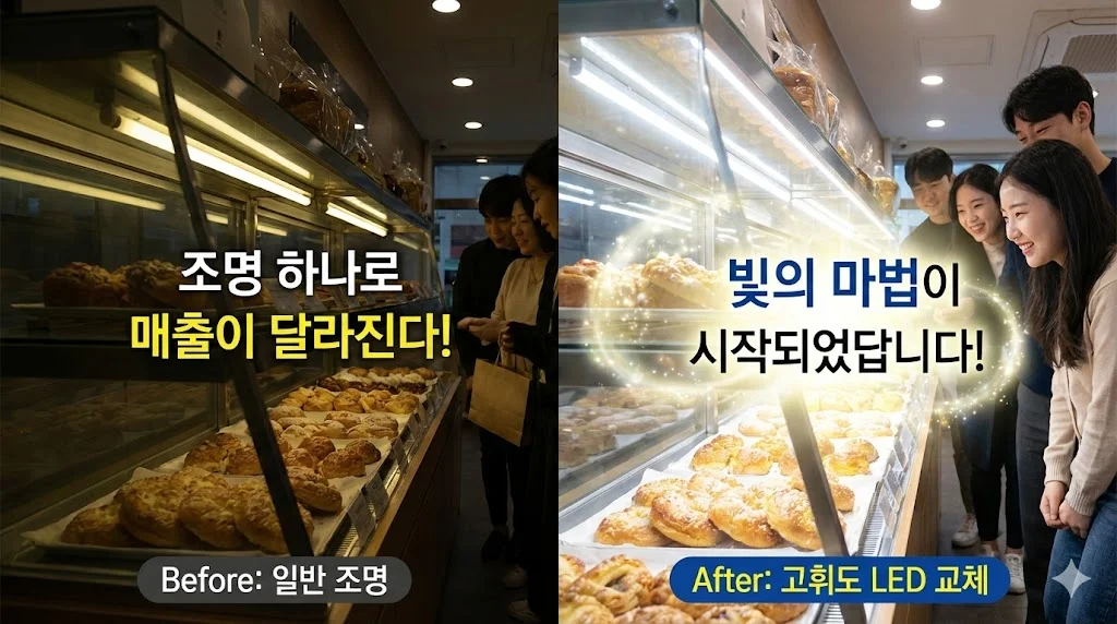 일반 조명과 고휘도 LED 조명 교체 전후의 매장 분위기 및 매출 변화 비교 이미지