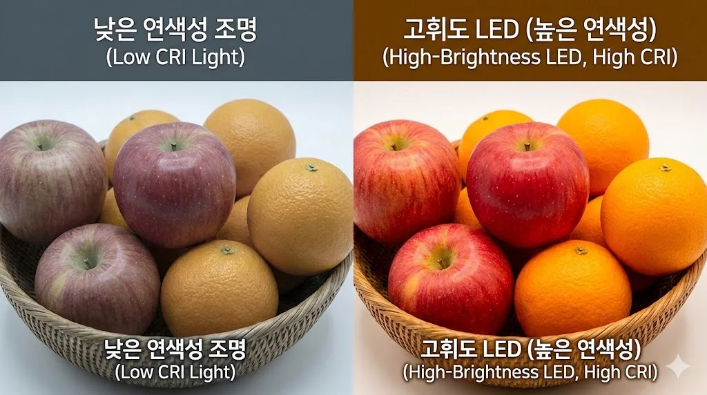 낮은 연색성 조명과 높은 연색성의 고휘도 LED 조명 아래 과일 색감 비교