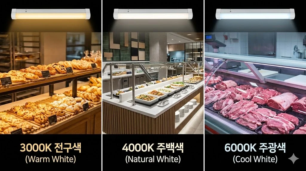매장 업종별(베이커리, 식당, 정육점) 추천 고휘도 LED 색온도(3000K, 4000K, 6000K) 비교