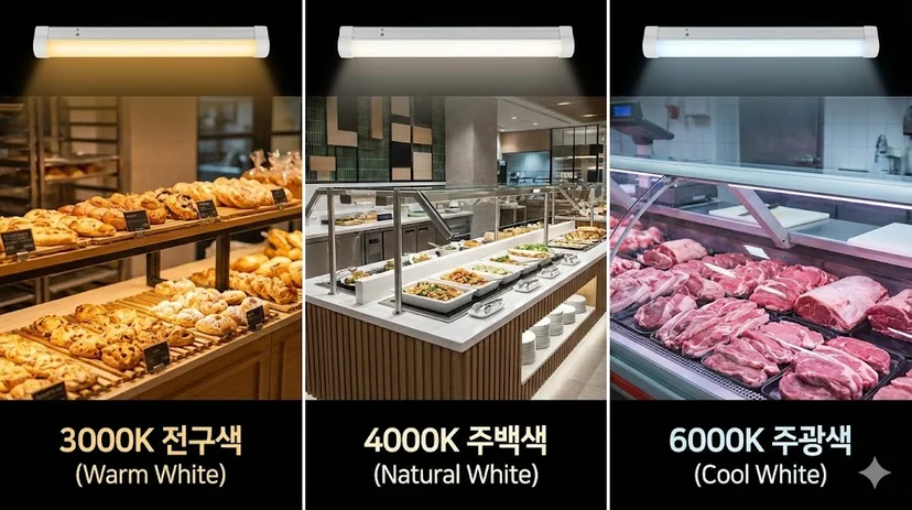 매장 업종별(베이커리, 식당, 정육점) 추천 고휘도 LED 색온도(3000K, 4000K, 6000K) 비교