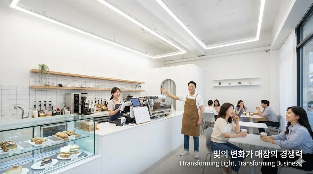 고휘도 LED 조명으로 밝고 화사해진 매장에서 만족해하는 점주와 활기찬 고객들의 모습