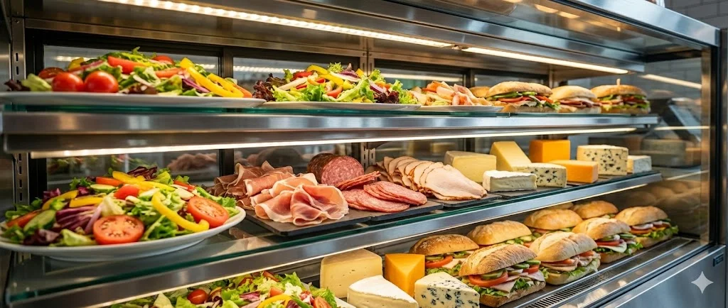 베이커리 쇼케이스의 눈높이(골든 존)에 먹음직스러운 디저트들이 일정한 간격을 두고 배치된 모습.