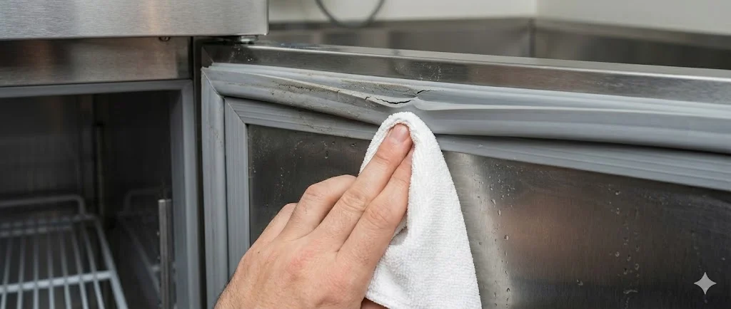 냉장고 문에 부착된 고무 패킹(가스켓)의 밀폐력을 손으로 확인하며 이물질을 닦아내는 장면.