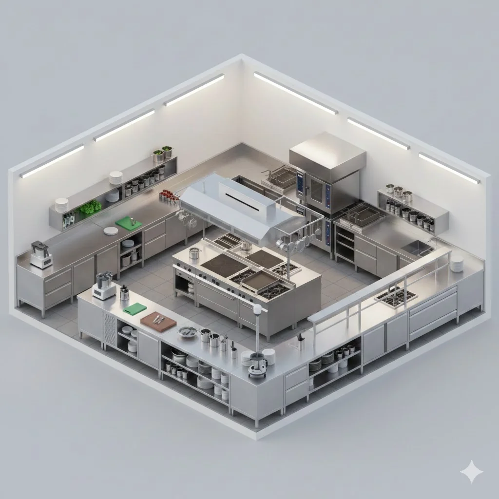 스테인리스 주방 설비와 조리 기구들이 U자형으로 완벽하게 배치된 현대적이고 깨끗한 식당 주방의 3D 조감도.