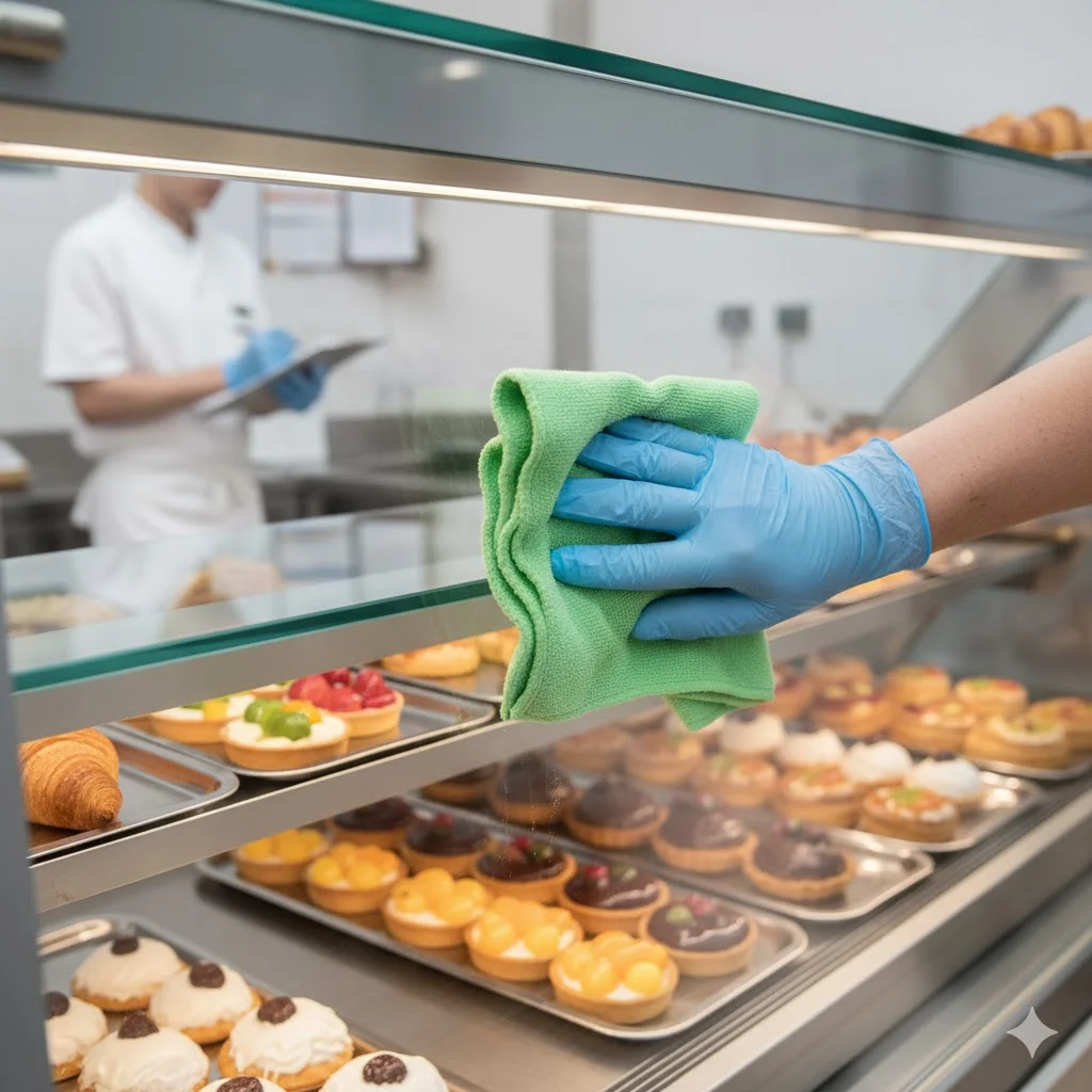 장갑을 낀 손이 극세사 천으로 쇼케이스의 투명한 유리를 닦는 모습과 그 뒤로 선명하게 보이는 제품들.