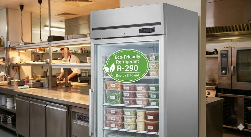 친환경 냉매 R-290 엠블럼과 에너지 효율 스티커가 부착된 현대적인 상업용 수직 냉동고 내부 모습.