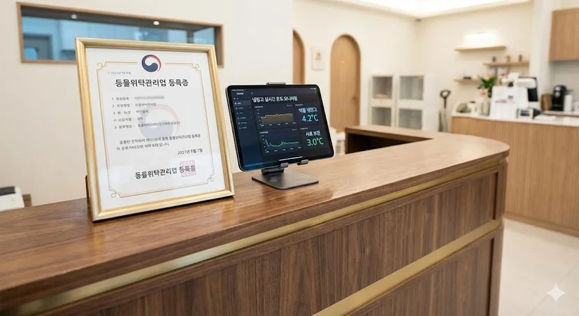 매장 입구에 품격 있게 전시된 동물위탁관리업 등록증과 디지털 대시보드.