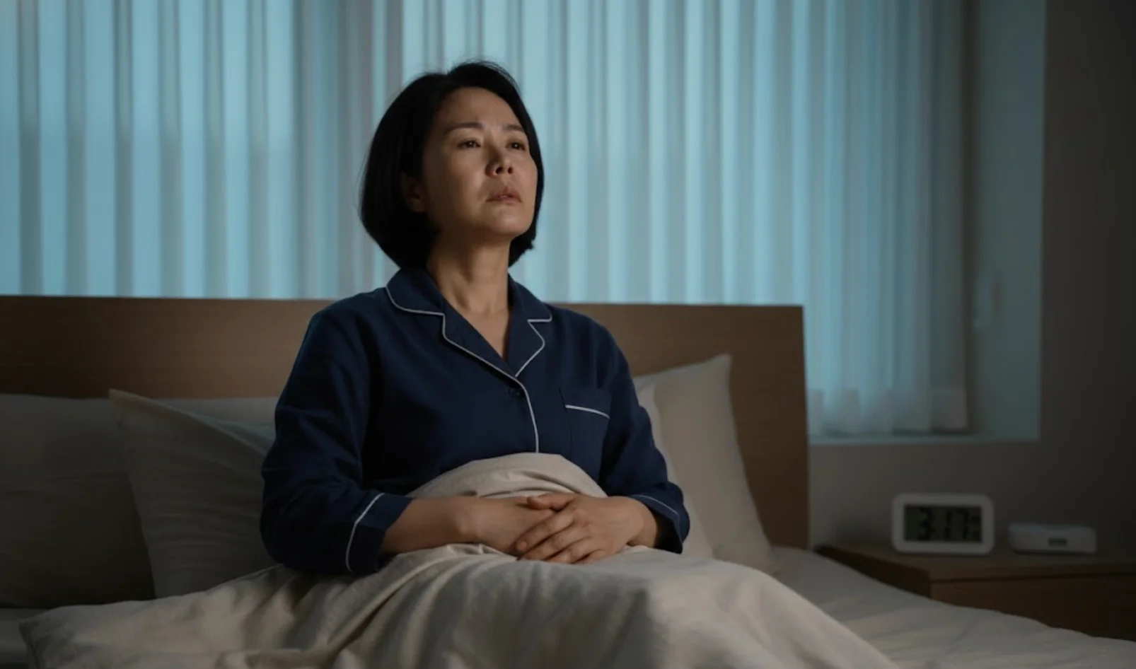 갱년기 불면증으로 새벽 도중에 깨는 멜라토닌 부작용 겪는 중년 여성 이미지