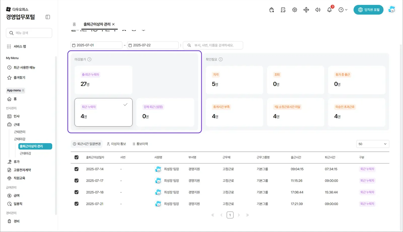 누락된 출퇴근이나 지각, 조퇴 등의 근태 현황을 조회할 수 있는 다우오피스 HR 근태 관리 대시보드