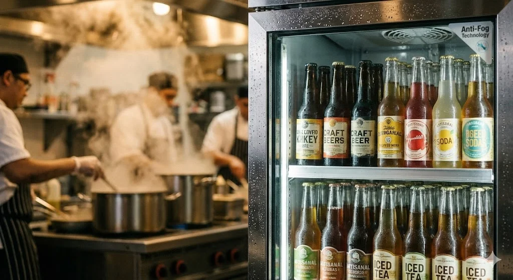 습기가 많은 환경에서도 결로 현상 없이 내부의 술병이 선명하고 투명하게 보이는 프리미엄 쇼케이스의 유리문.