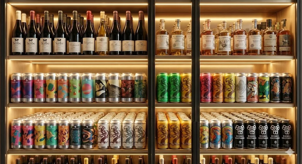슬림형 주류쇼케이스 내부에 다양한 술병과 캔이 빈틈없이 효율적으로 가득 차 있는 클로즈업 사진.