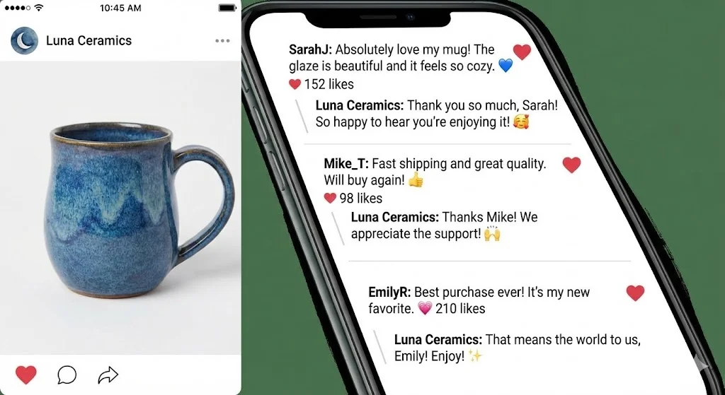 긍정적인 고객 후기에 진심으로 답변하며 소통하는 판매자의 SNS 화면 캡처