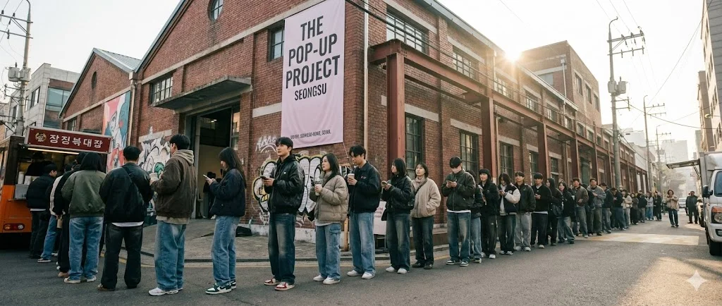 성수동 거리에서 팝업스토어 입장을 기다리는 MZ세대 대기 행렬
