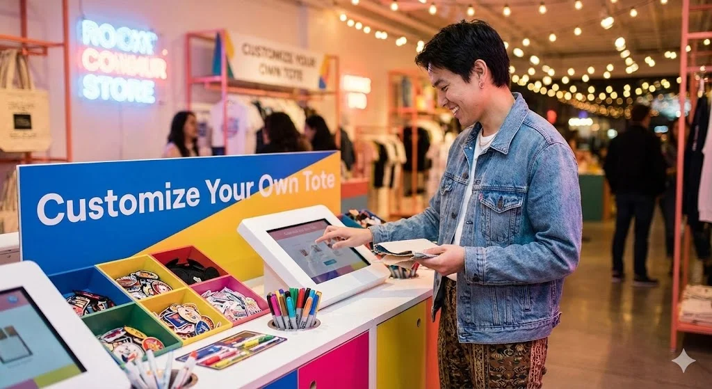 팝업스토어 내 커스터마이징 체험을 즐기는 방문객의 모습