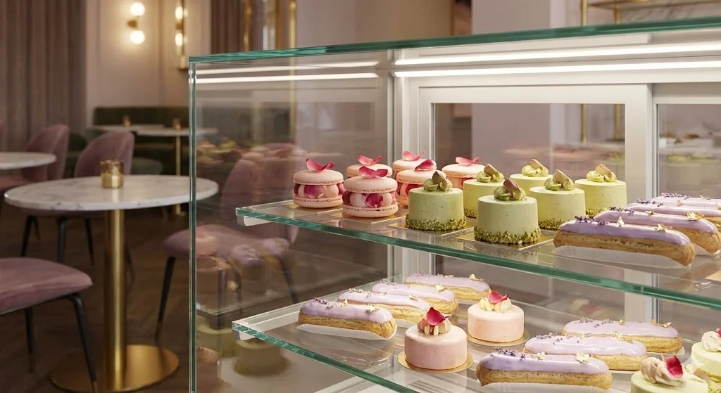 세련된 디자인의 냉장 쇼케이스에 진열된 프리미엄 디저트