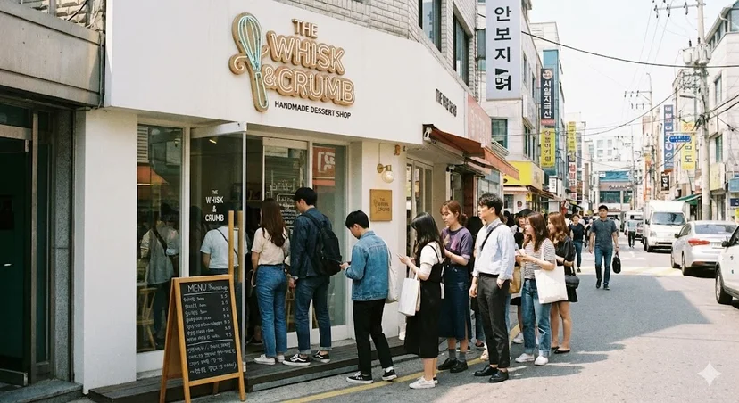 입소문 난 수제디저트 전문점 앞에서 입장을 기다리며 줄을 서 있는 MZ세대 고객들의 모습