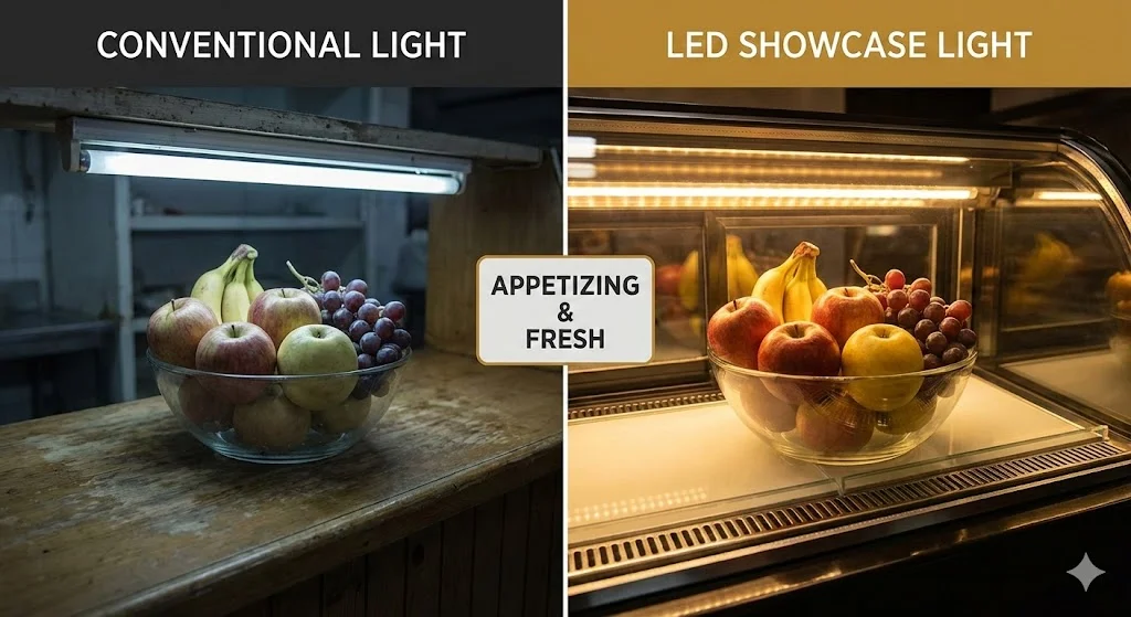 일반 조명과 과일 전용 LED 조명 아래에서 과일의 색감이 어떻게 달라보이는지 비교한 모습