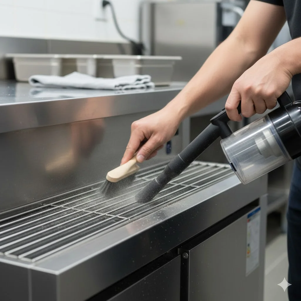 테이블형 냉장고 수명을 늘리기 위해 하단 먼지 필터를 청소하는 모습