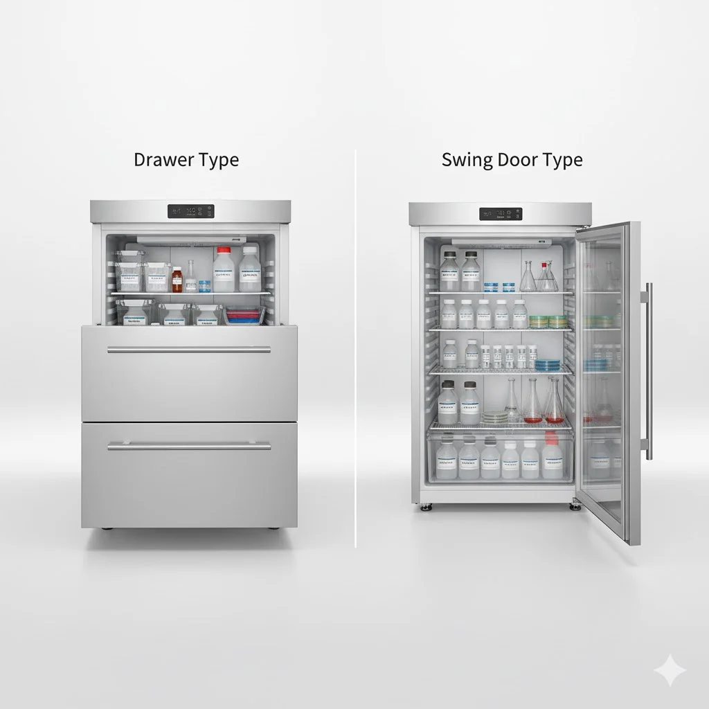서랍형과 도어형 테이블 냉장고의 형태 비교 이미지