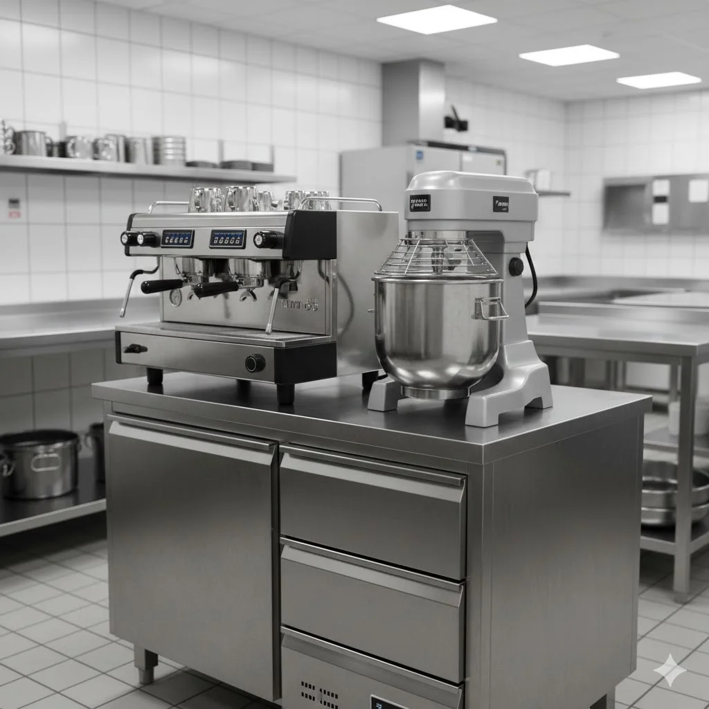 튼튼한 상판 위에 커피 머신 등 무거운 장비를 올린 활용 사례 이미지