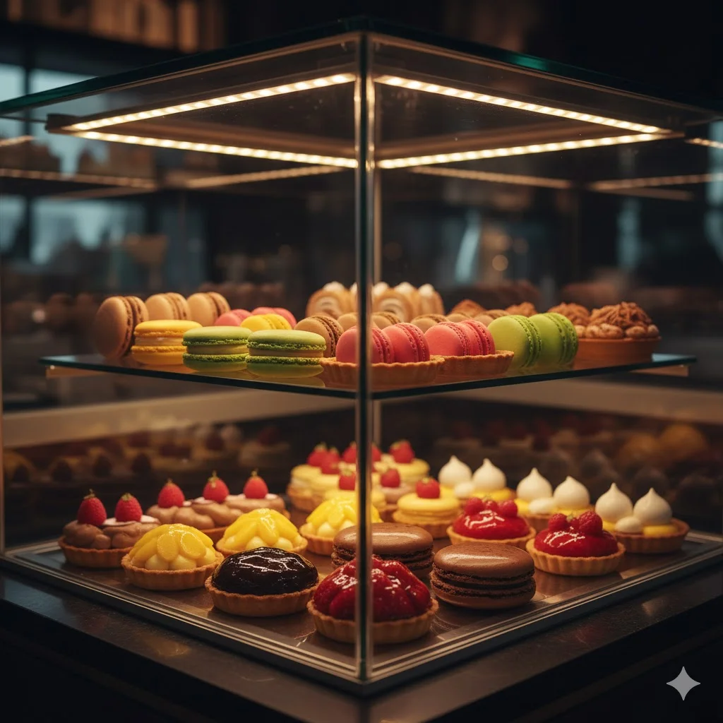 따뜻한 LED 조명을 받아 더욱 먹음직스럽게 보이는 사면 유리 쇼케이스 내부 디저트