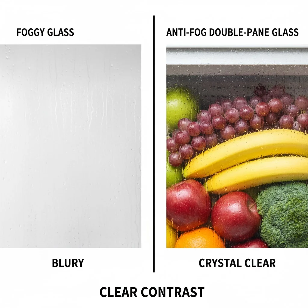 습기 없이 투명하게 상품을 보여주는 결로 방지 이중 강화 유리 비교 이미지