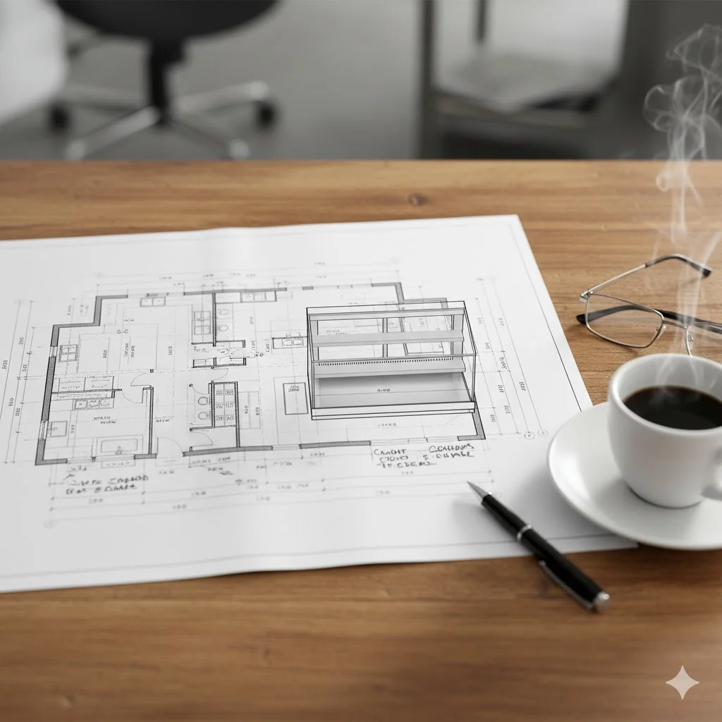 비용 절감을 위해 꼼꼼하게 검토 중인 카페 인테리어 도면