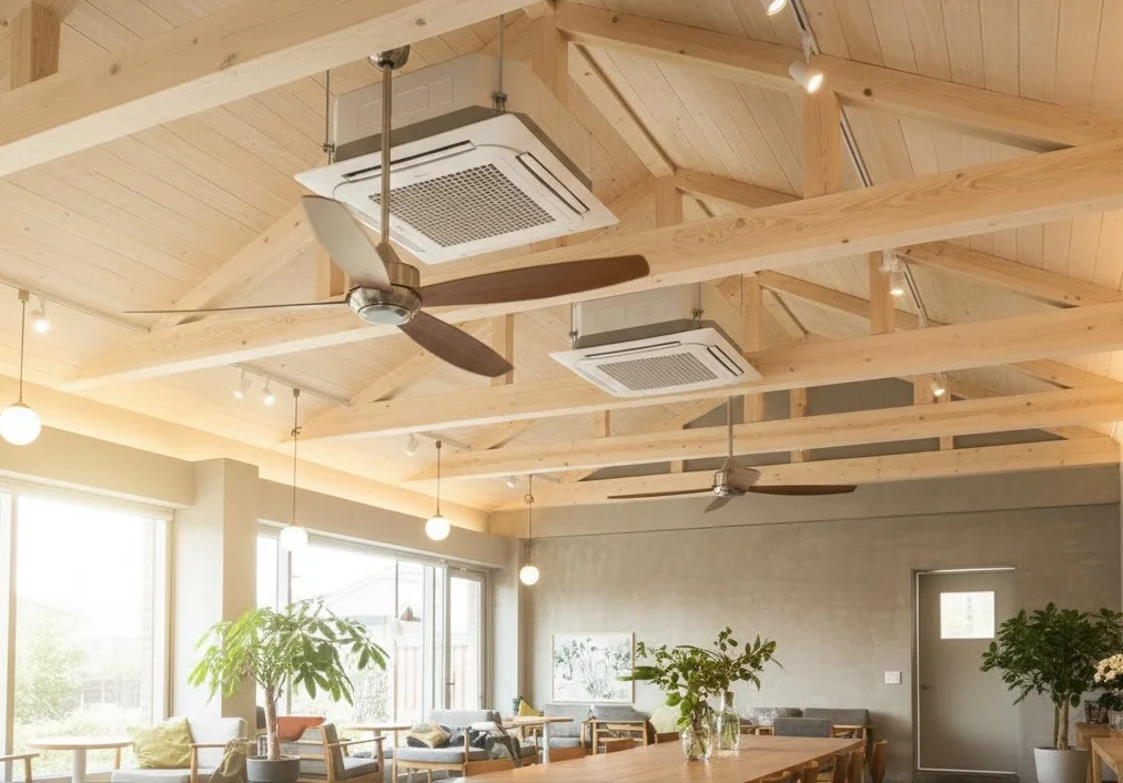에너지 효율을 높이기 위해 설치된 카페 천장 실링팬과 냉난방기