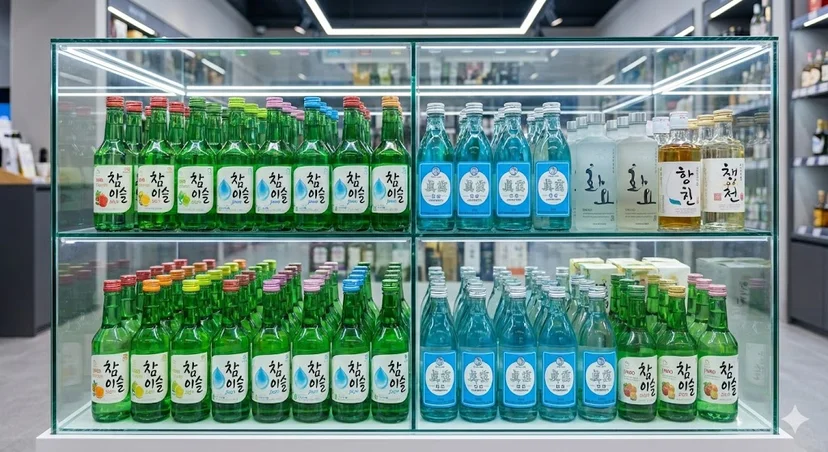 브랜드별로 정렬된 쇼케이스 내부 주류 라인업