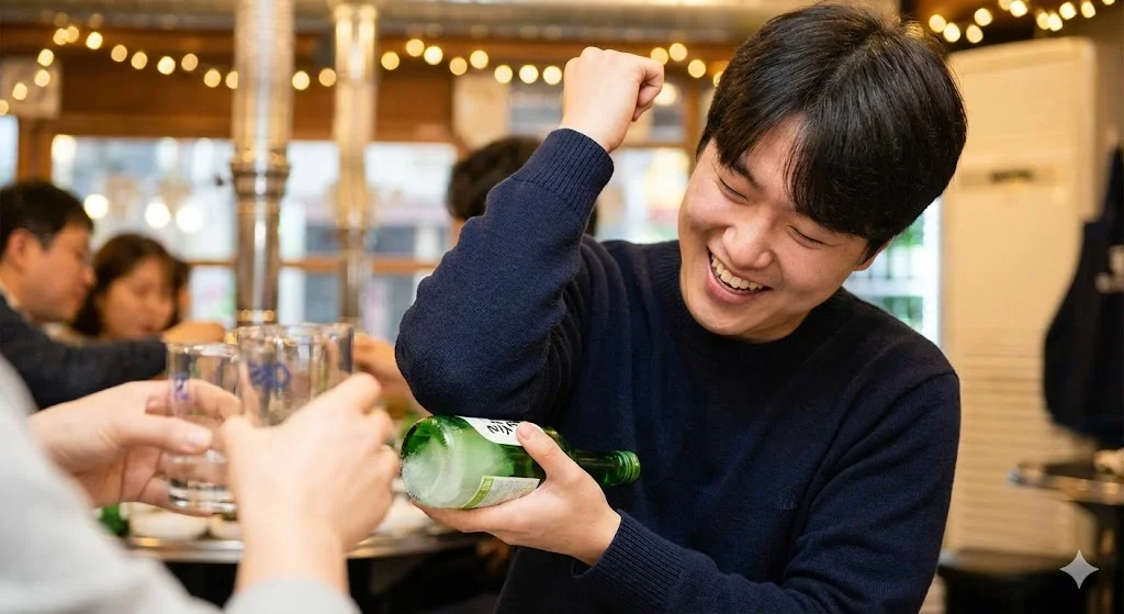 소주병을 쳐서 슬러시를 만드는 고객의 즐거운 순간